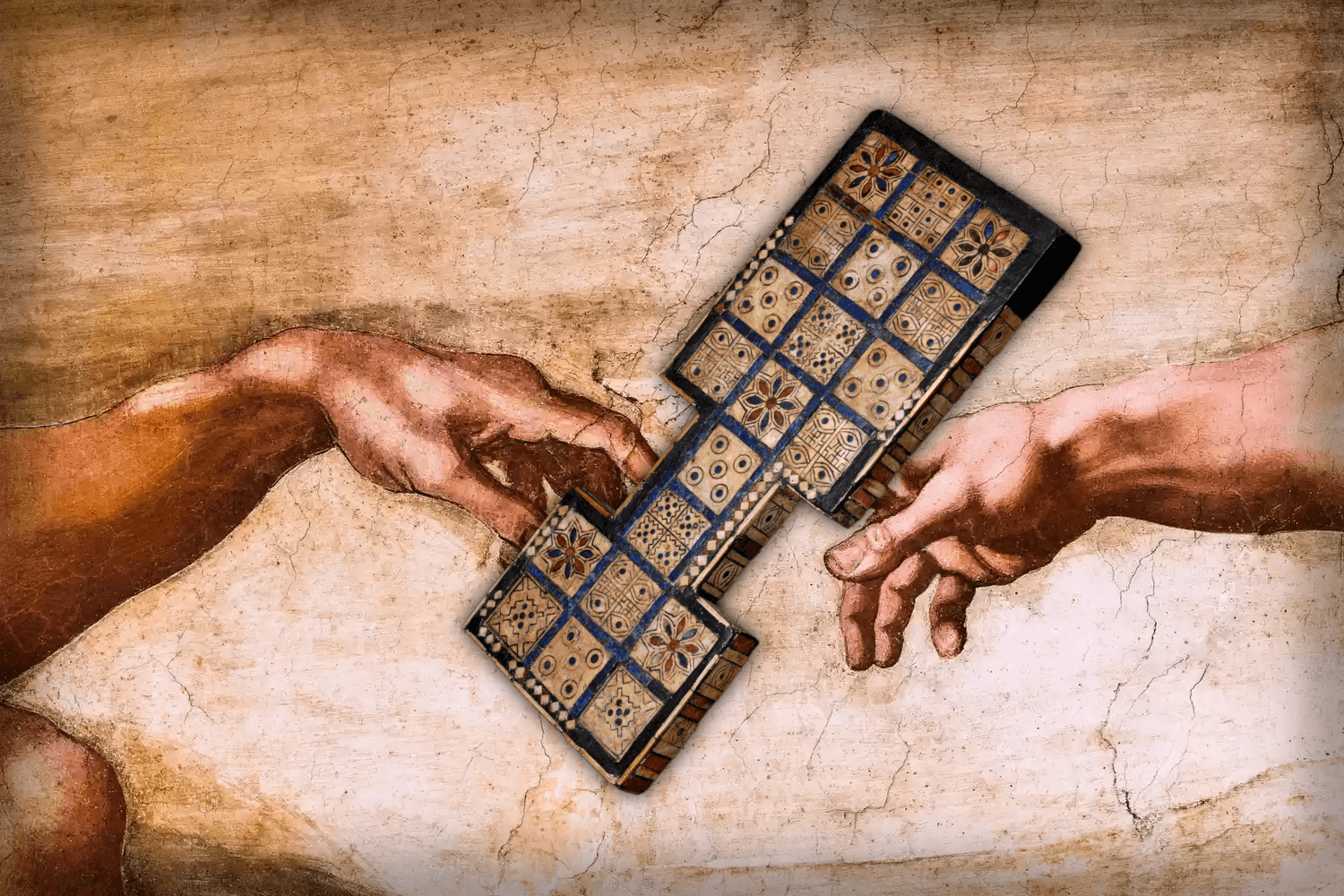 Two hands reaching out to touch the Royal Game of Ur.